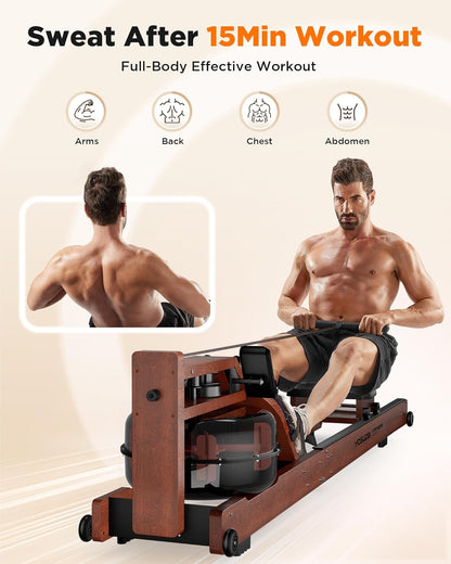 Water Rowing Machine for Home Gym – Foldable Wooden Rower with Water Resistance & LCD Monitor