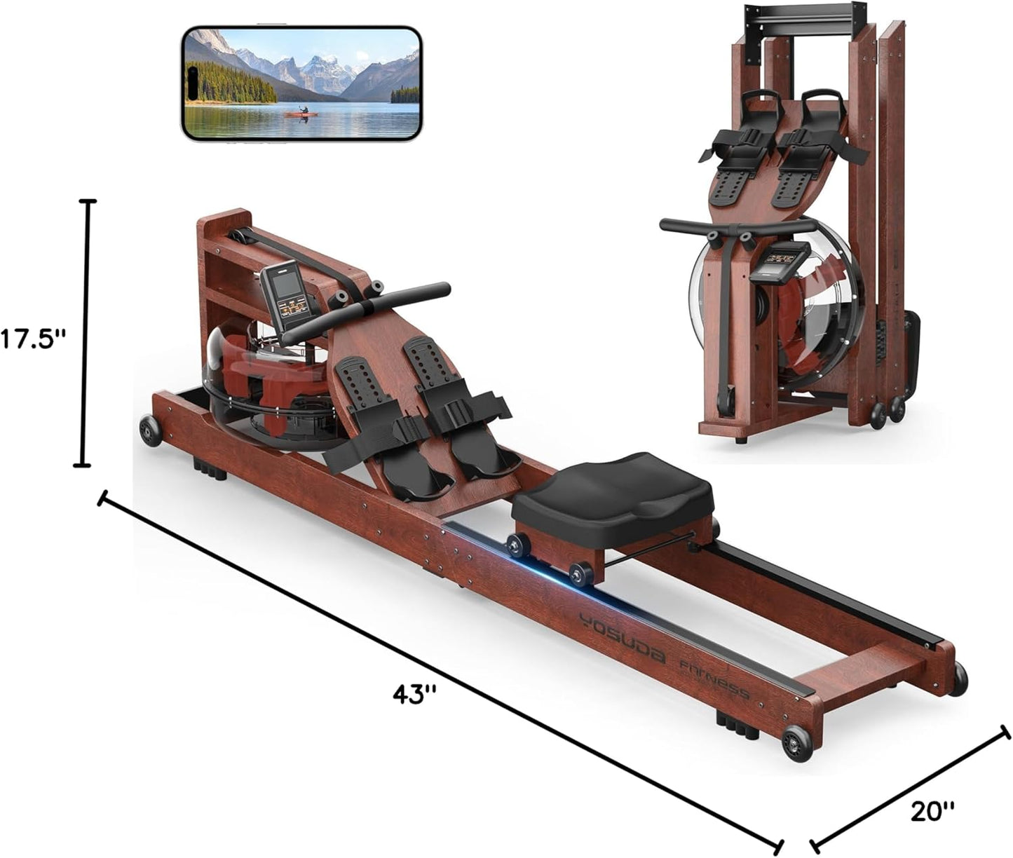 Water Rowing Machine for Home Gym – Foldable Wooden Rower with Water Resistance & LCD Monitor