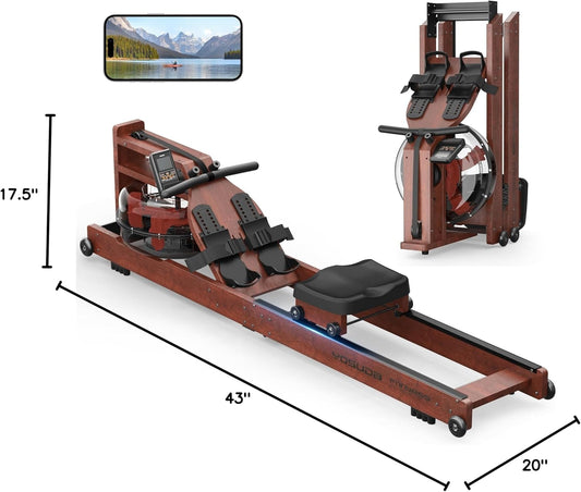 Water Rowing Machine for Home Gym – Foldable Wooden Rower with Water Resistance & LCD Monitor