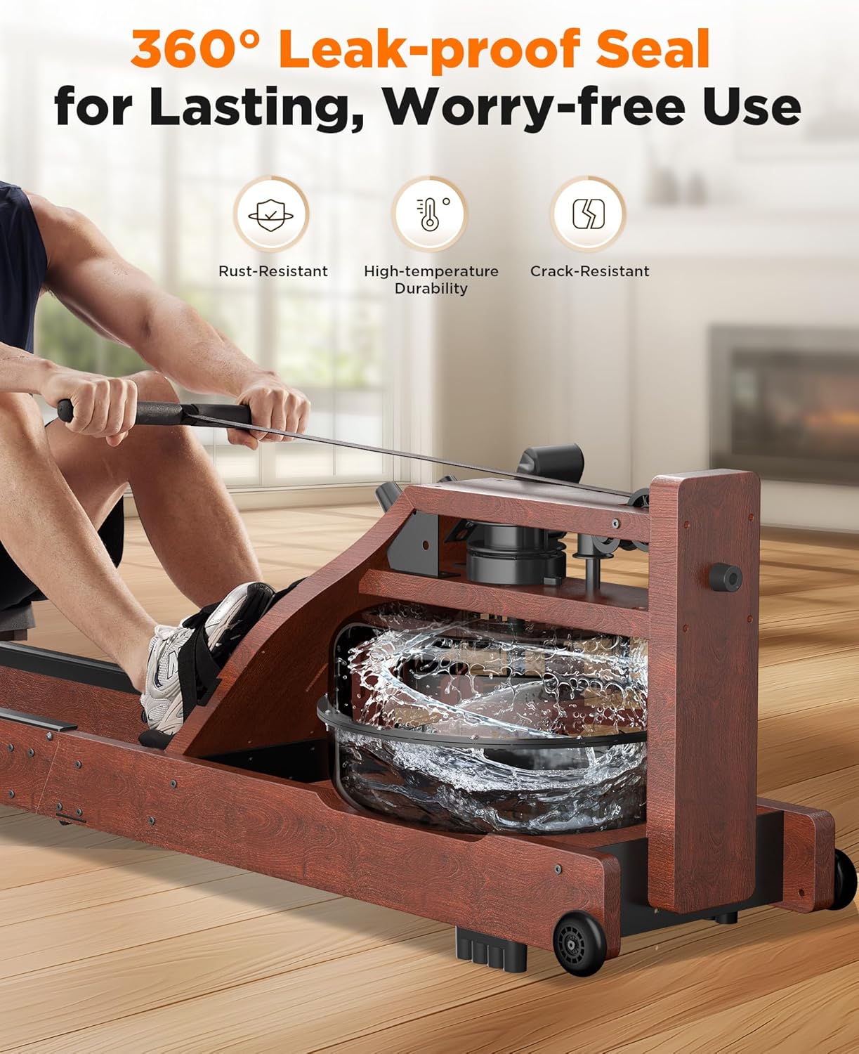 Water Rowing Machine for Home Gym – Foldable Wooden Rower with Water Resistance & LCD Monitor