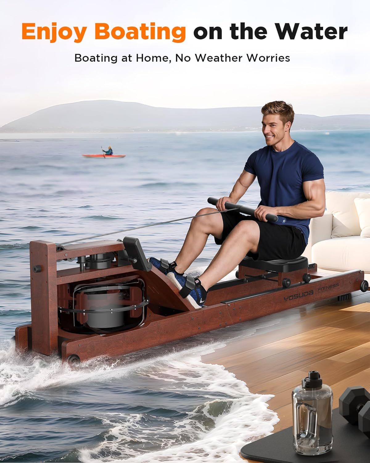Water Rowing Machine for Home Gym – Foldable Wooden Rower with Water Resistance & LCD Monitor