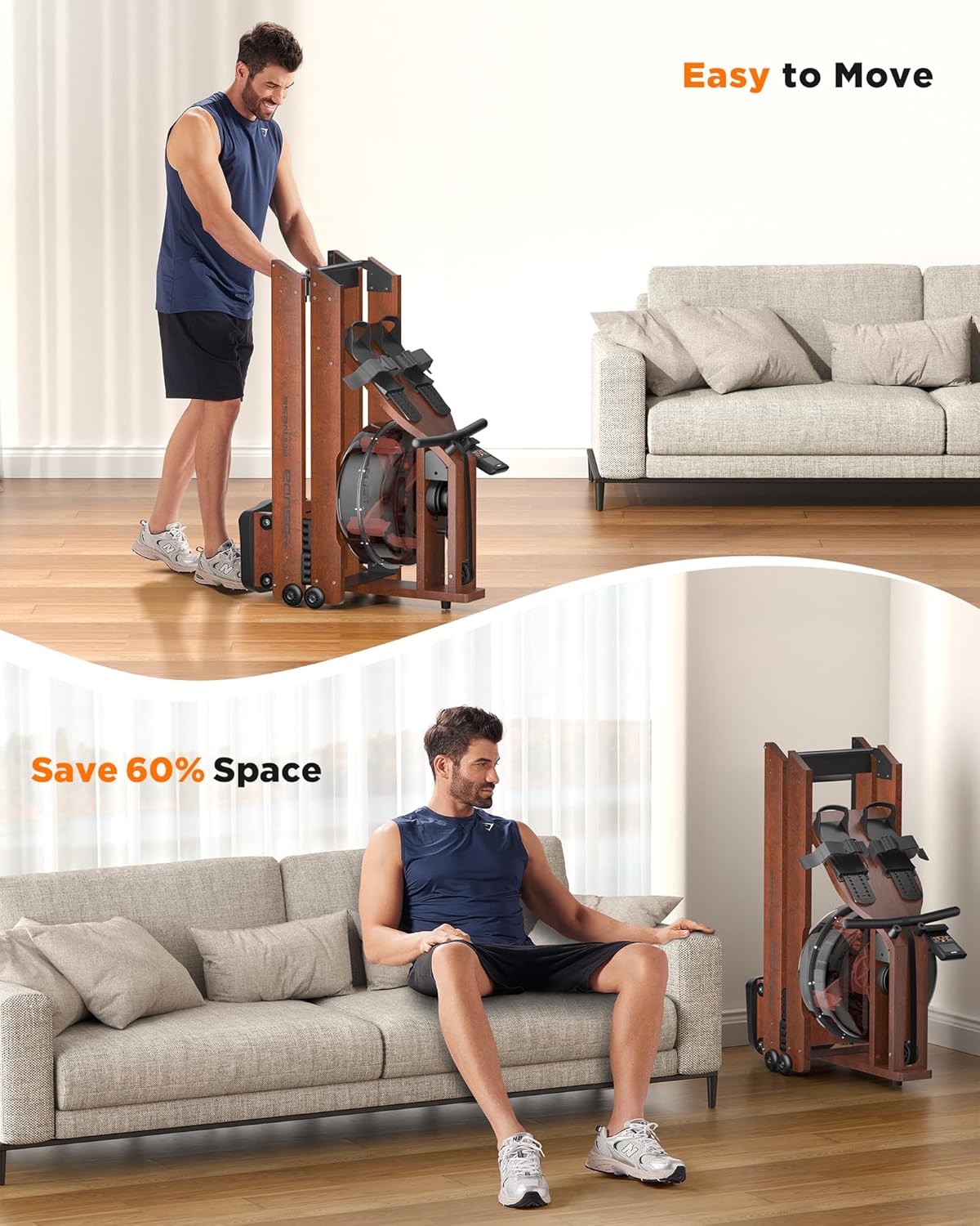 Water Rowing Machine for Home Gym – Foldable Wooden Rower with Water Resistance & LCD Monitor