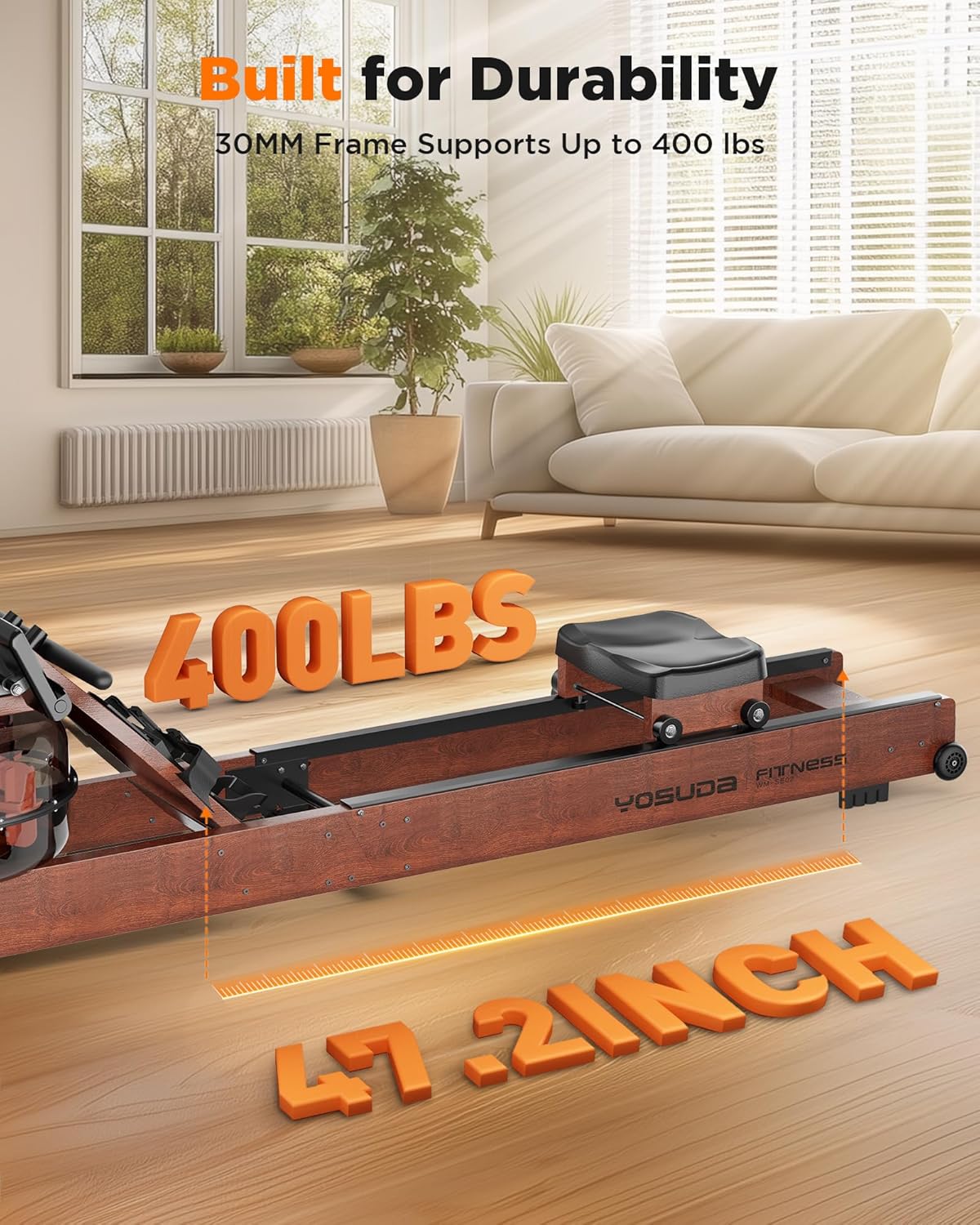 Water Rowing Machine for Home Gym – Foldable Wooden Rower with Water Resistance & LCD Monitor